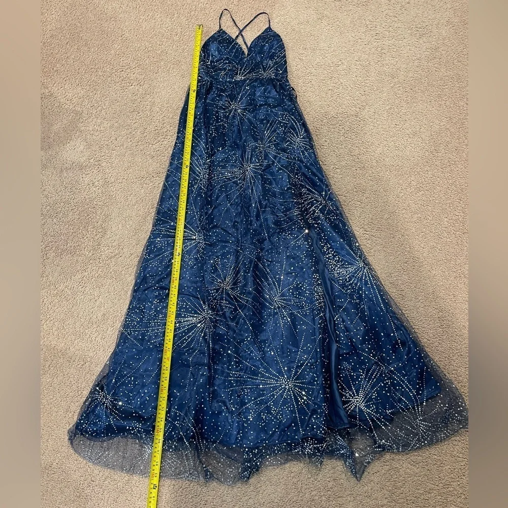 Womens Royal Blue V-neck Glitter Hi-cut Slit Prom Dress - Picture 6 of 11